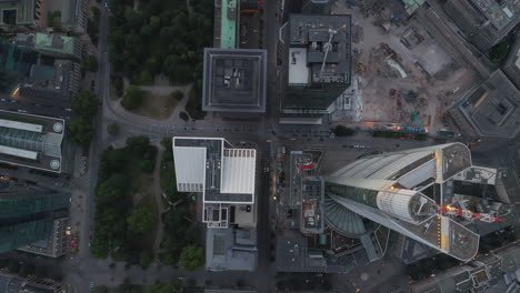 AERIAL:-Breathtaking-Overhead-Top-Down-View-of-Frankfurt-am-Main,-Germany-Skyline-with-little-Traffic-Streets-due-to-Coronavirus-Covid-19-Pandemic