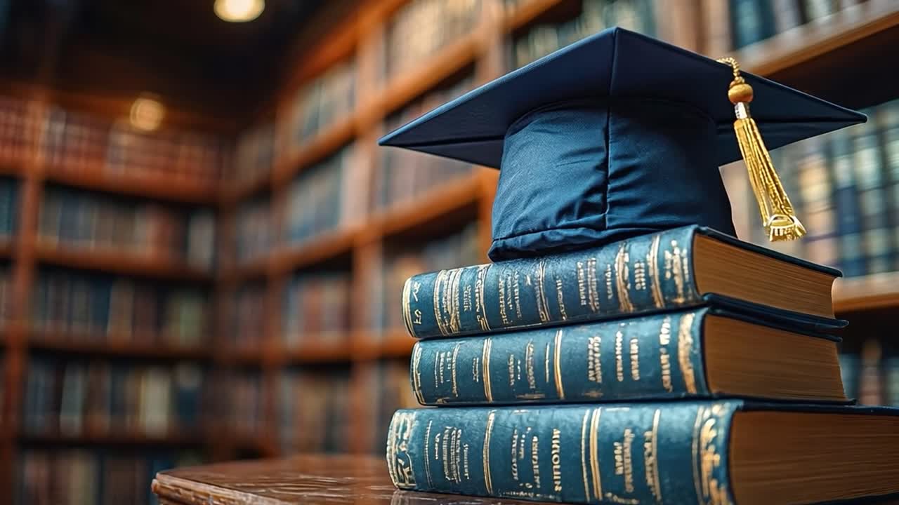 Graduation cap on stack of books in a library