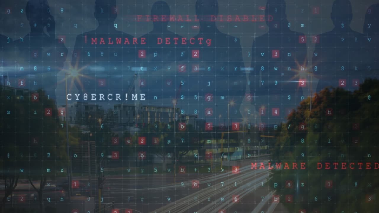 Animation of cyber attack warning and people silhouettes over cityscape