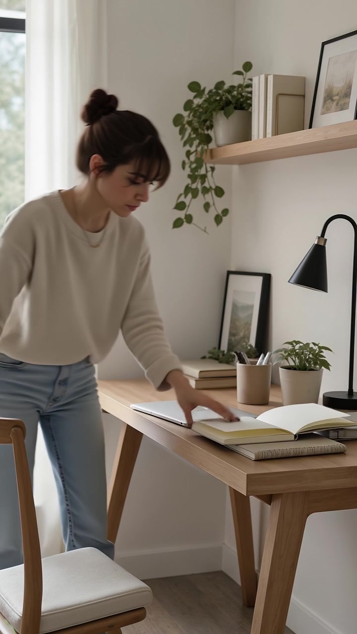 Giovane donna che organizza la scrivania del suo ufficio a casa prima di sedersi a lavorare al laptop.