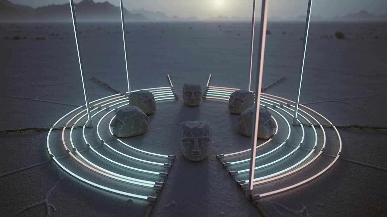 Pulling back camera revealing center sculpture on salt flat, showing stone heads neon arcs poles