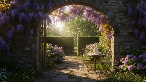 a serene garden archway framed by lush wisteria and hydrangeas, inviting a peaceful retreat in nature's embrace and highlighting tranquility and beauty