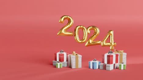 Wir-Feiern-2024-Mit-Goldenen-Luftballons-Und-Geschenken-Auf-Rotem-Hintergrund