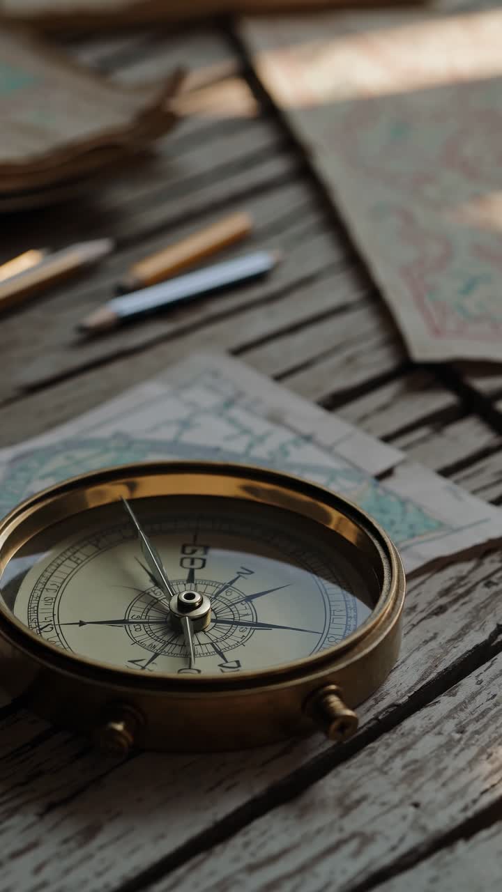 A vintage compass on a rustic wooden table, shot from a low angle