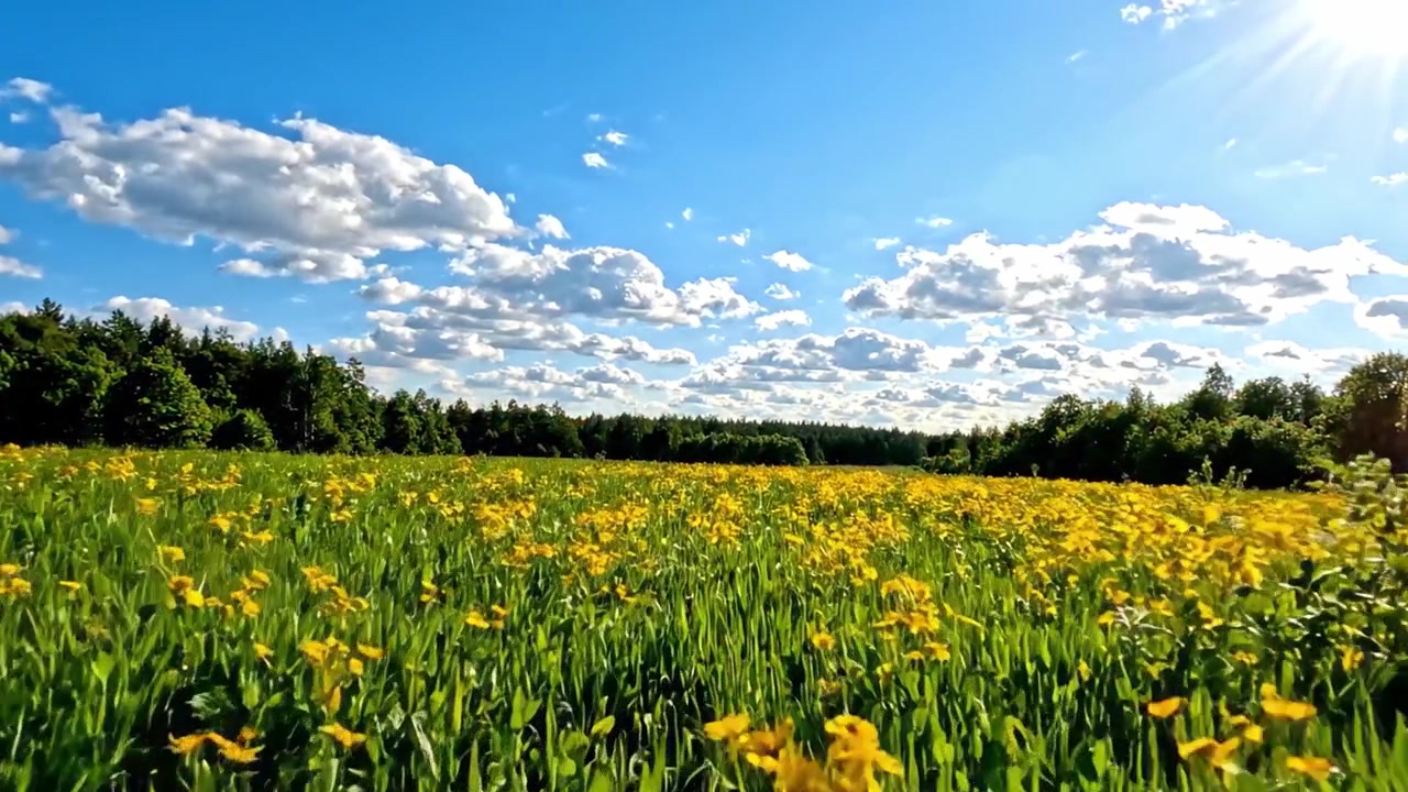 Campo vibrante di fiori gialli sotto un vasto cielo blu con nuvole soffici: un paesaggio sereno che cattura la bellezza della natura in un ambiente illuminato dal sole.