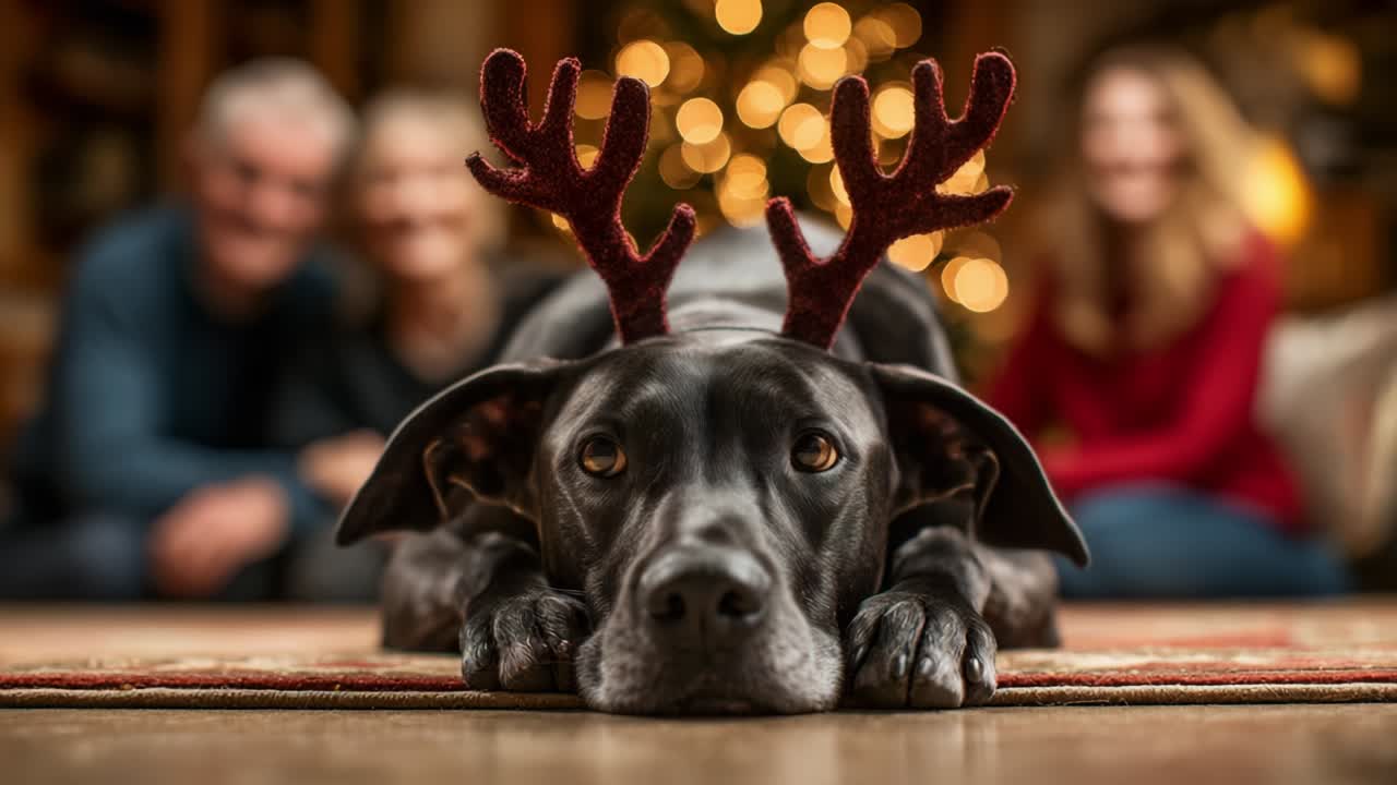 A Festive Black Dog Adorned with Reindeer Antlers Relaxing on a Cozy Carpet in a Family Setting, Surrounded by Holiday Lights and Joyful Family Members, Capturing a Heartwarming Seasonal Moment