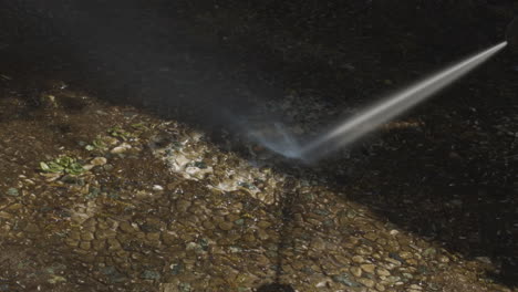 powerful water jet from pressure washer being sprayed on weed and moss on dirty garden tile - dynamic zoom in