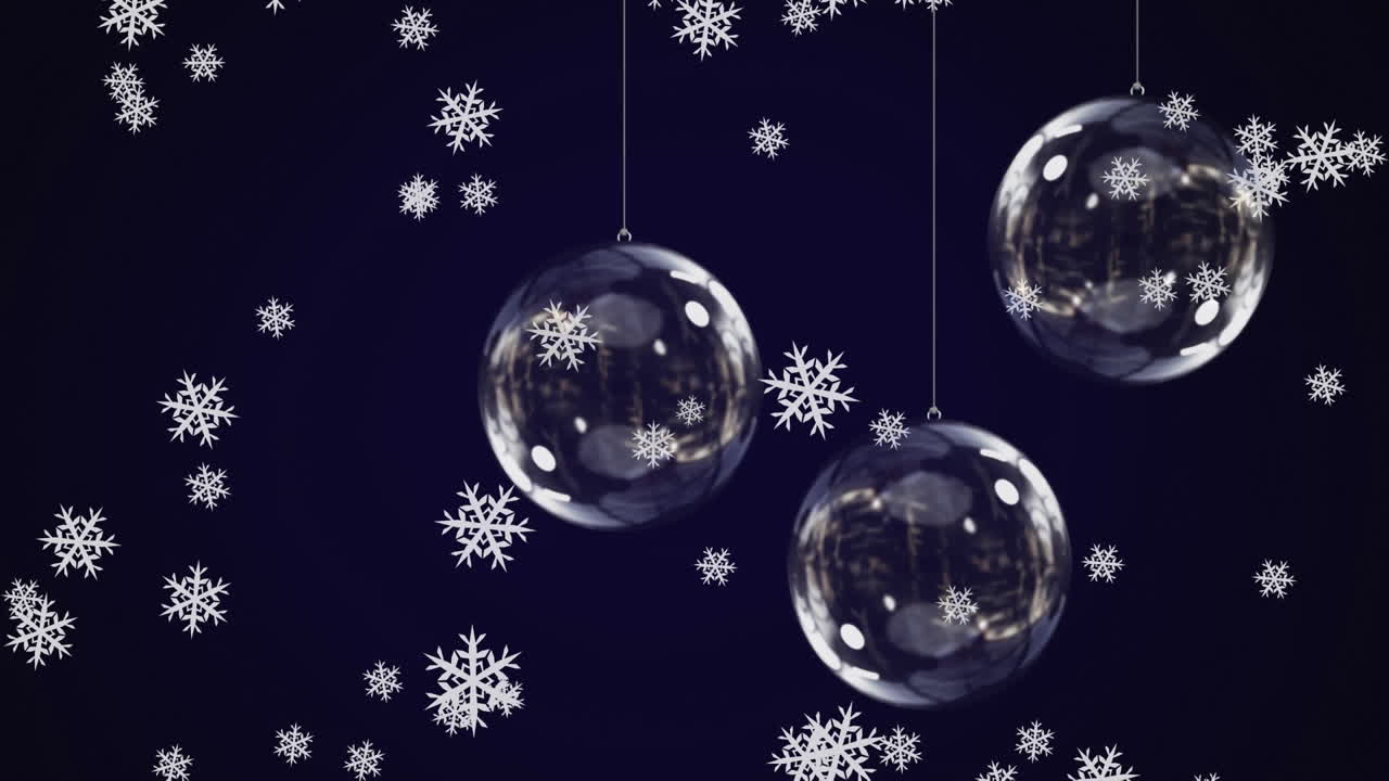 animación digital de copos de nieve cayendo sobre decoraciones de joyas colgando contra un fondo azul