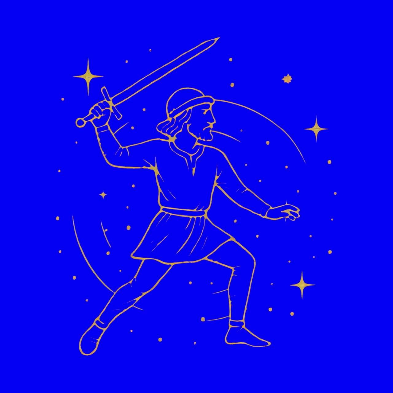Illustrazione di guerriero medievale con animazione di stelle, video 4K trasparente, green screen