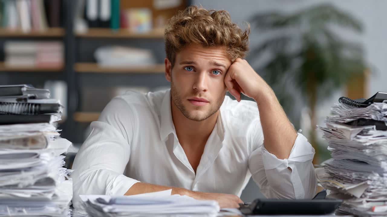 A Young Man in a White Shirt Contemplates Amidst a Sea of Paperwork, Expressing Overwhelm and Reflection During a Busy Workday