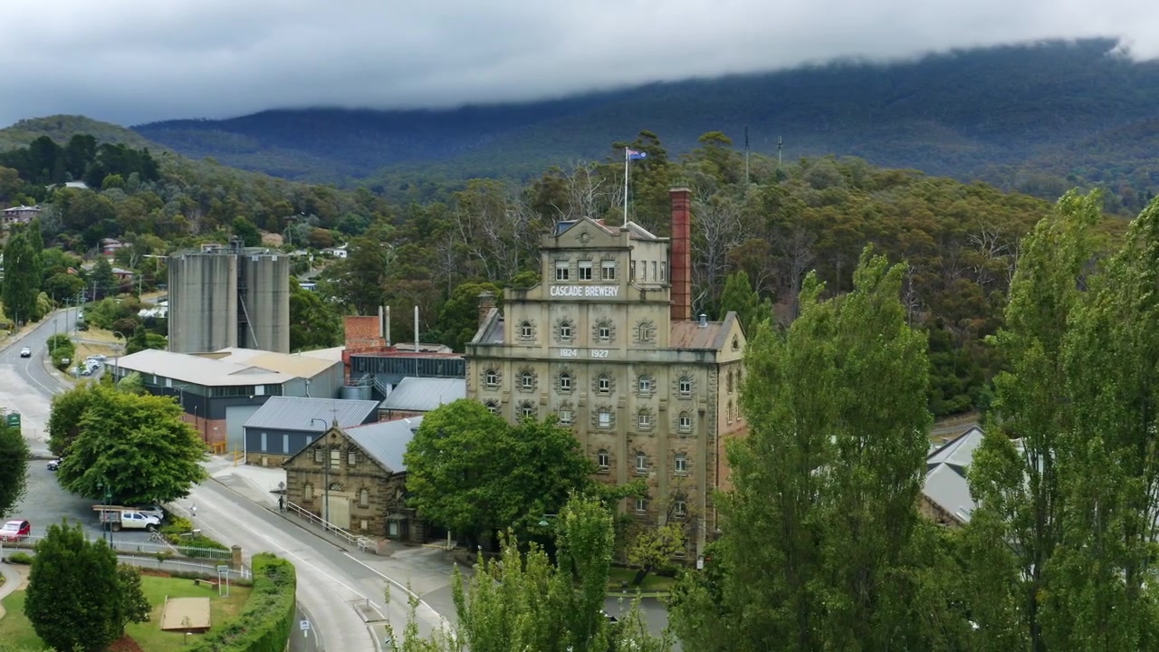 Aerial Drone Flyover Historical Old Cascade Brewery Building, Hobart Australia 4K Slow Motion