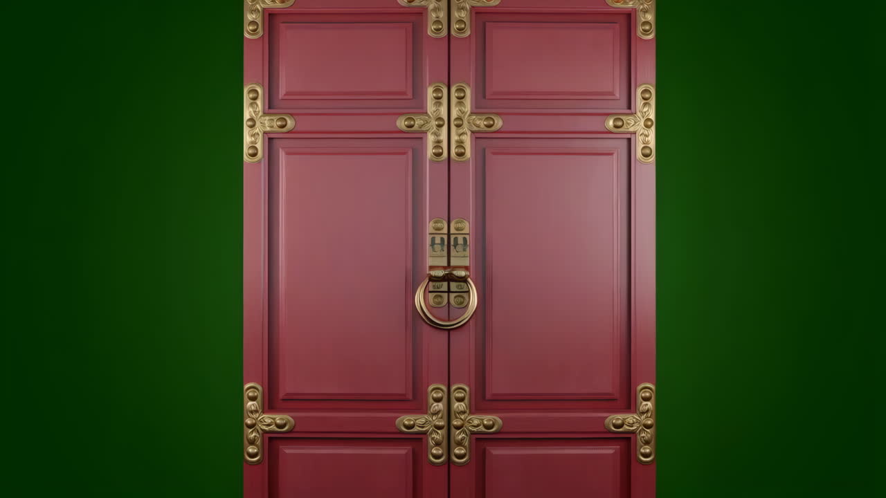 Ornate Red Doors Opening and Closing on Green Background
