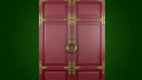 ornate red doors opening and closing on green background