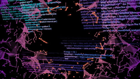 Animation of data processing and network of connections over black background