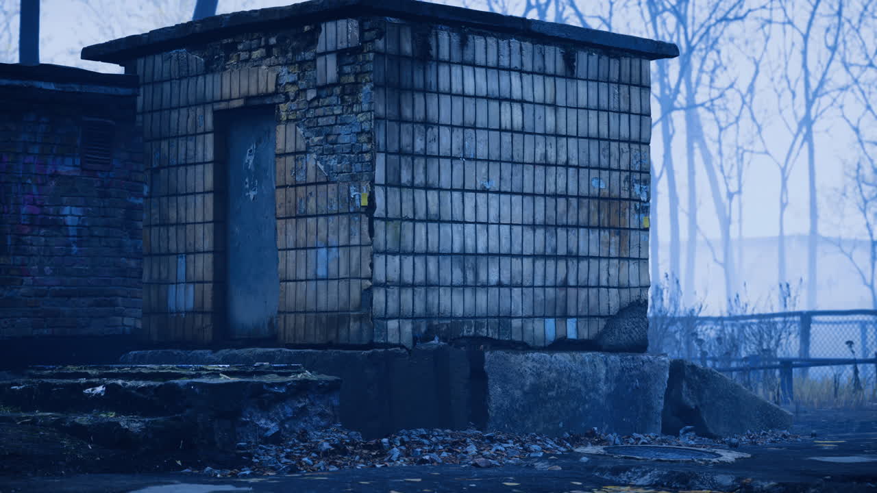 Abandoned building in a foggy environment with worn exterior elements