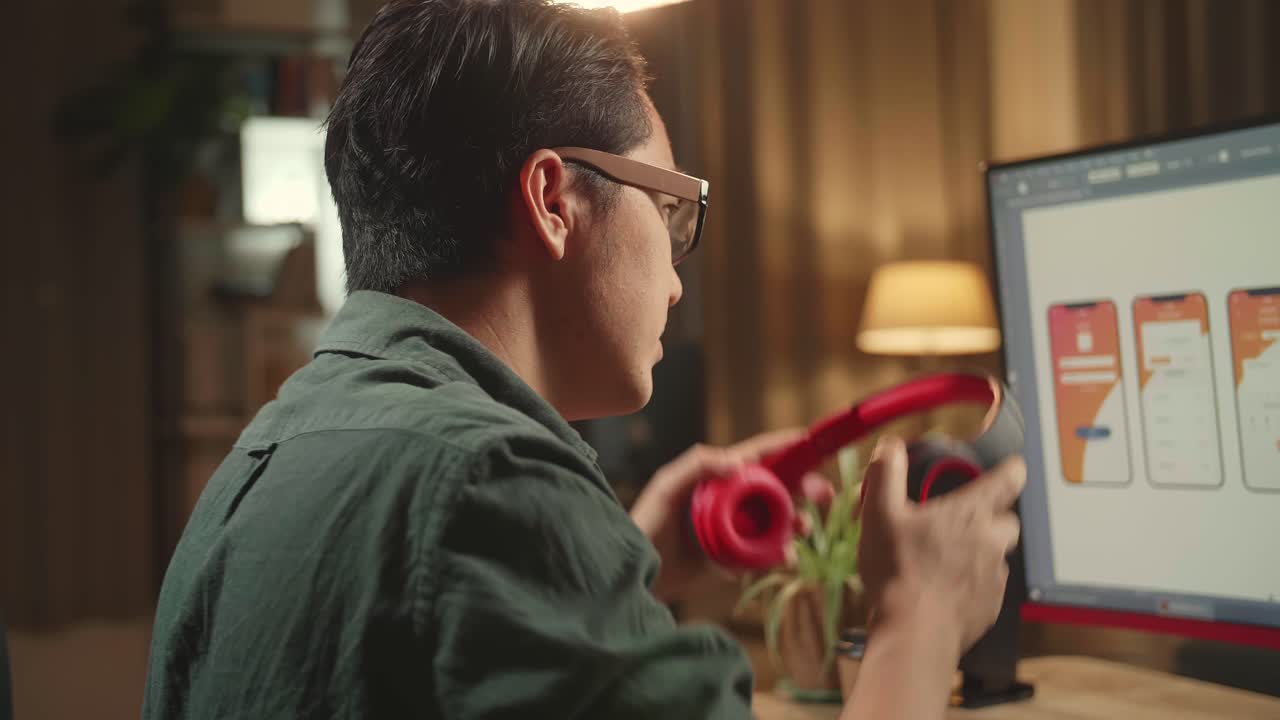 Asian Male Mobile Application Developer Start Works With Graphics On His Personal Computer. He Works Late At Night