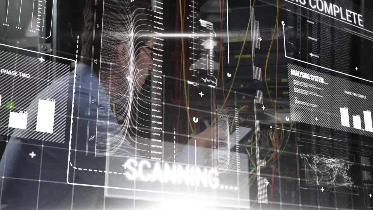 animación del procesamiento de estadísticas sobre un ingeniero informático asiático con una tableta por un servidor de computadora
