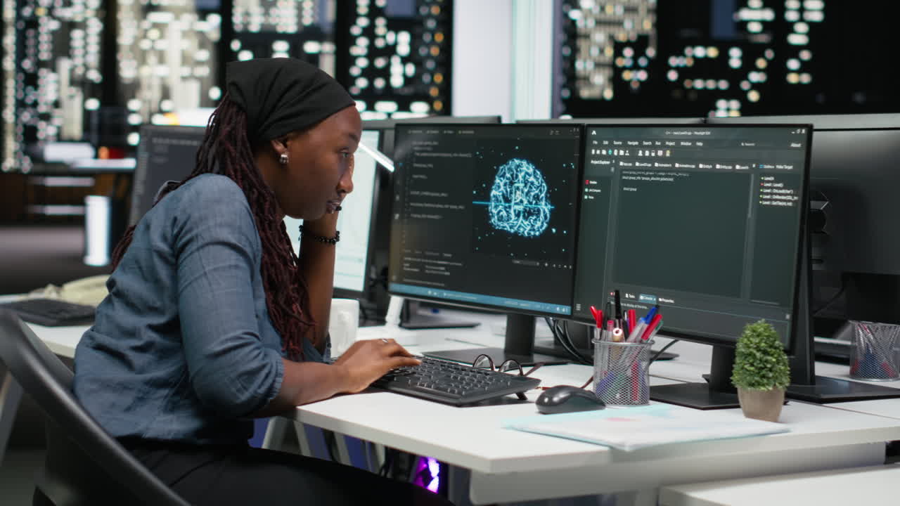 Stressed African American Woman Programmer Working Late in Modern Office