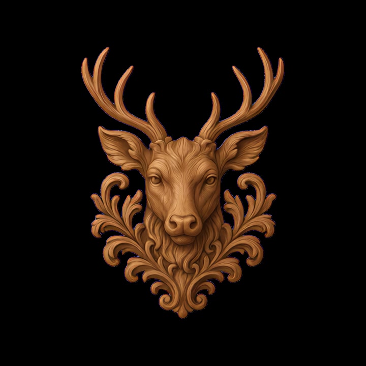 Scultura ornamentale in legno a forma di testa di cervo con intagli intricati