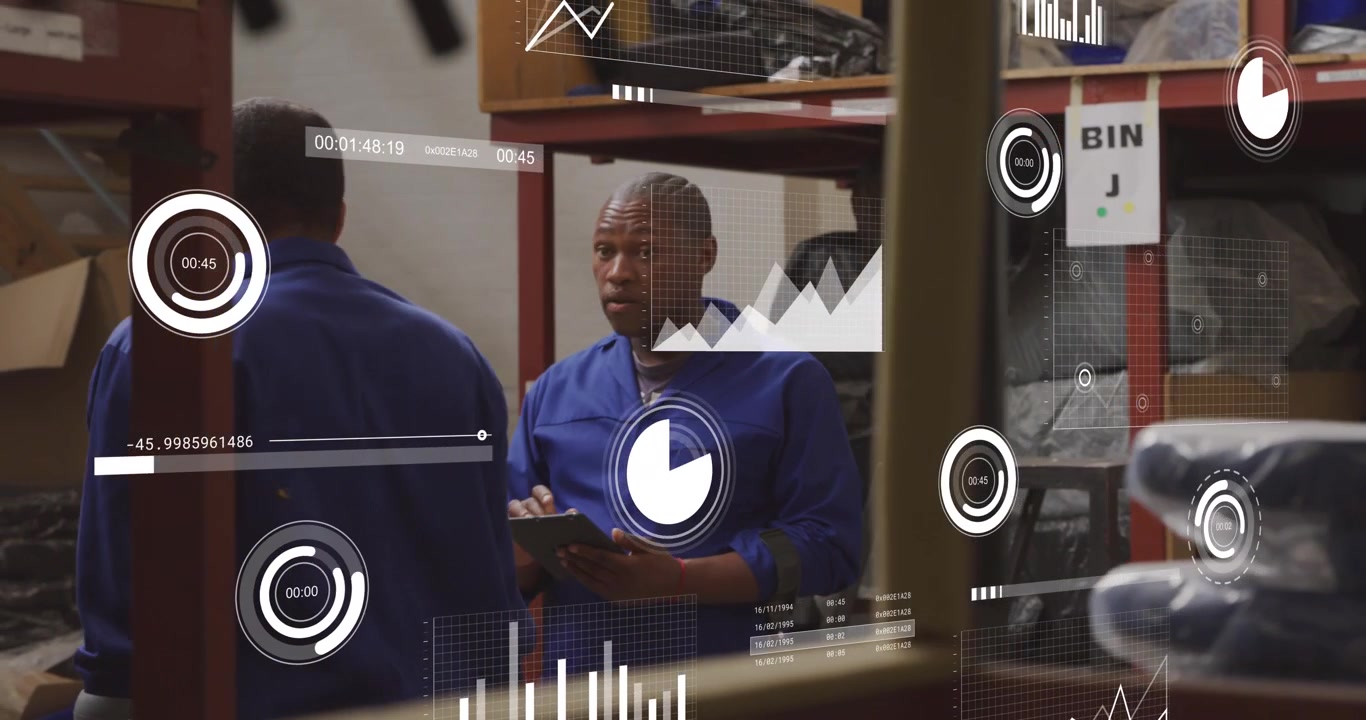 Animation of loading bars and graphs over african american mechanic using digital tablet in garage