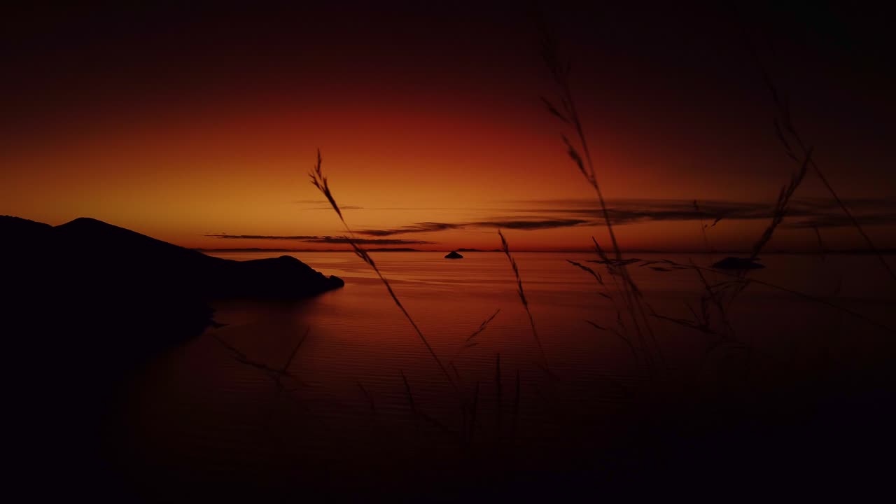 hermoso atardecer naranja oscuro con plantas en primer plano en el lago titicaca en perú