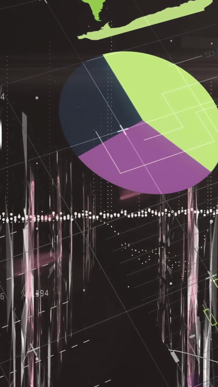 Animation of statistical data processing over screens of network of connection on black background