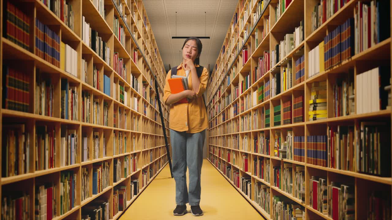 cuerpo lleno de estudiante mujer asiática con una mochila y algunos libros pensando y mirando a su alrededor mientras estaba de pie en la biblioteca