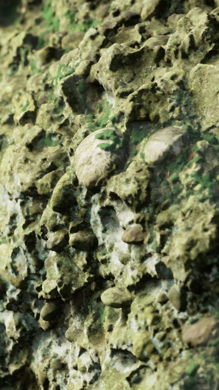 Muschio e piccole pietre coprono una superficie rocciosa in un ambiente naturale.
