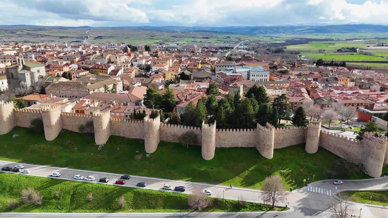 Drone video of Ávila Spain with medieval walls and cathedral