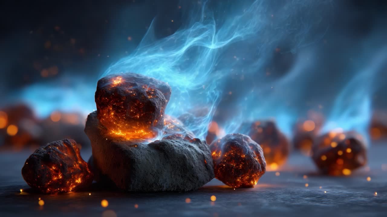A Stunning Visual Transformation of Fiery Rocks Transitioning from Embers and Smoke to Glowing Golden Crystals Against a Dark, Atmospheric Background