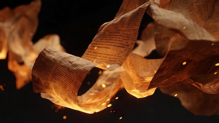 Antichi rotoli con testo scritto che fluttuano nell'aria, bruciando lentamente con braci e scintille luminose su uno sfondo scuro, a rappresentare storia, conoscenza e distruzione