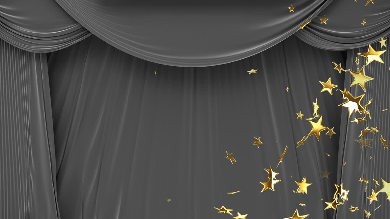 Animation of yellow stars moving over curtain in theatre