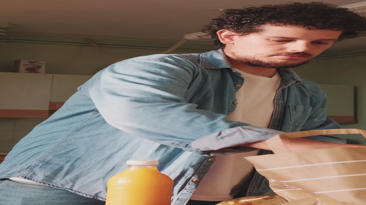 Person packing food and beverage into paper bag