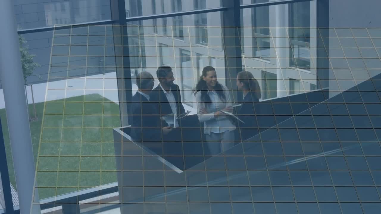 Animation of office building over business people talking in modern office