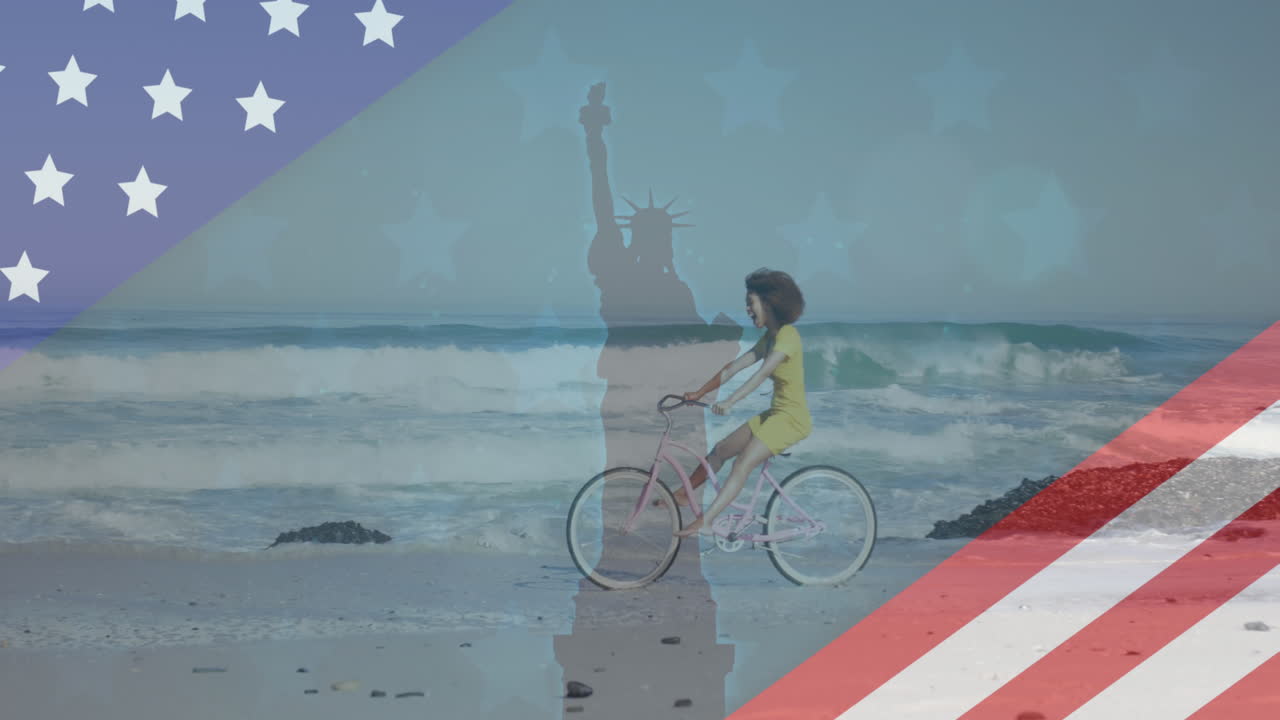 animación de la bandera estadounidense revelando la estatua de la libertad y una mujer montando una bicicleta en la playa