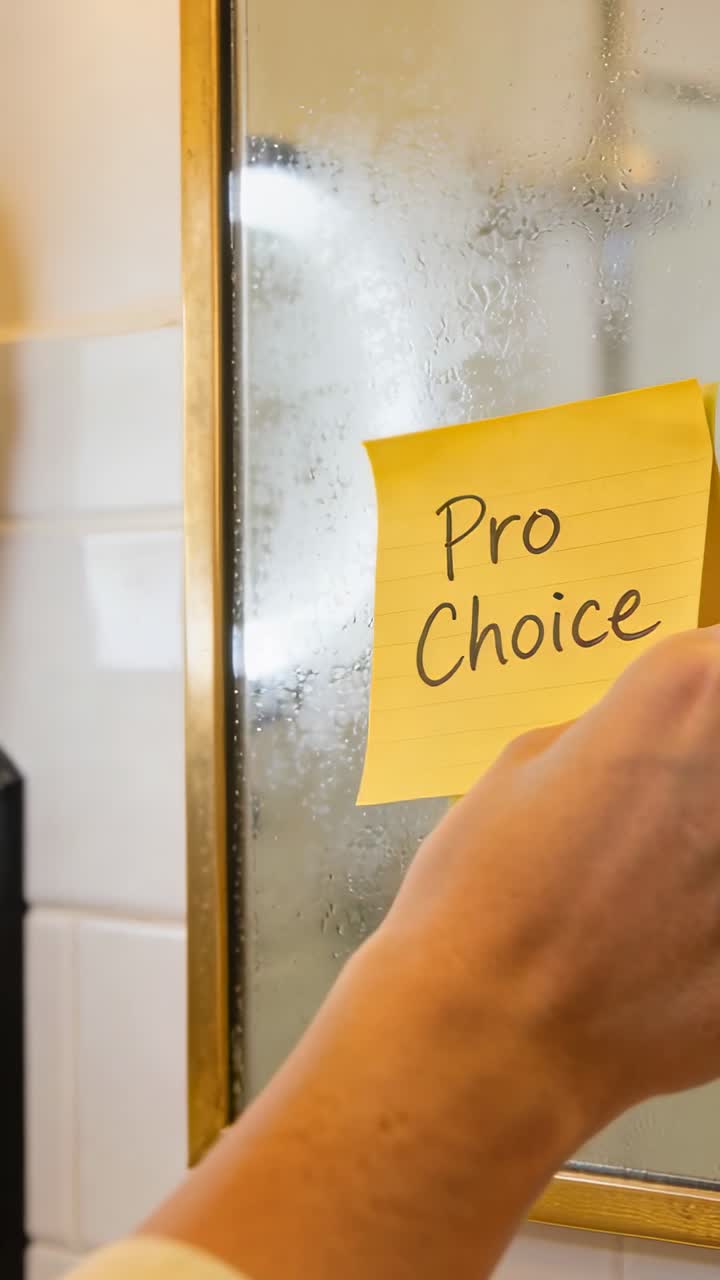 Video verticale: Mano che entra, preme e stacca una nota gialla con la scritta "Pro Choice" su un vetro appannato, fissandola.