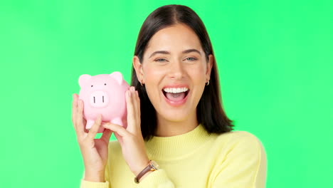 Happy-woman,-face-and-money-with-piggy-bank