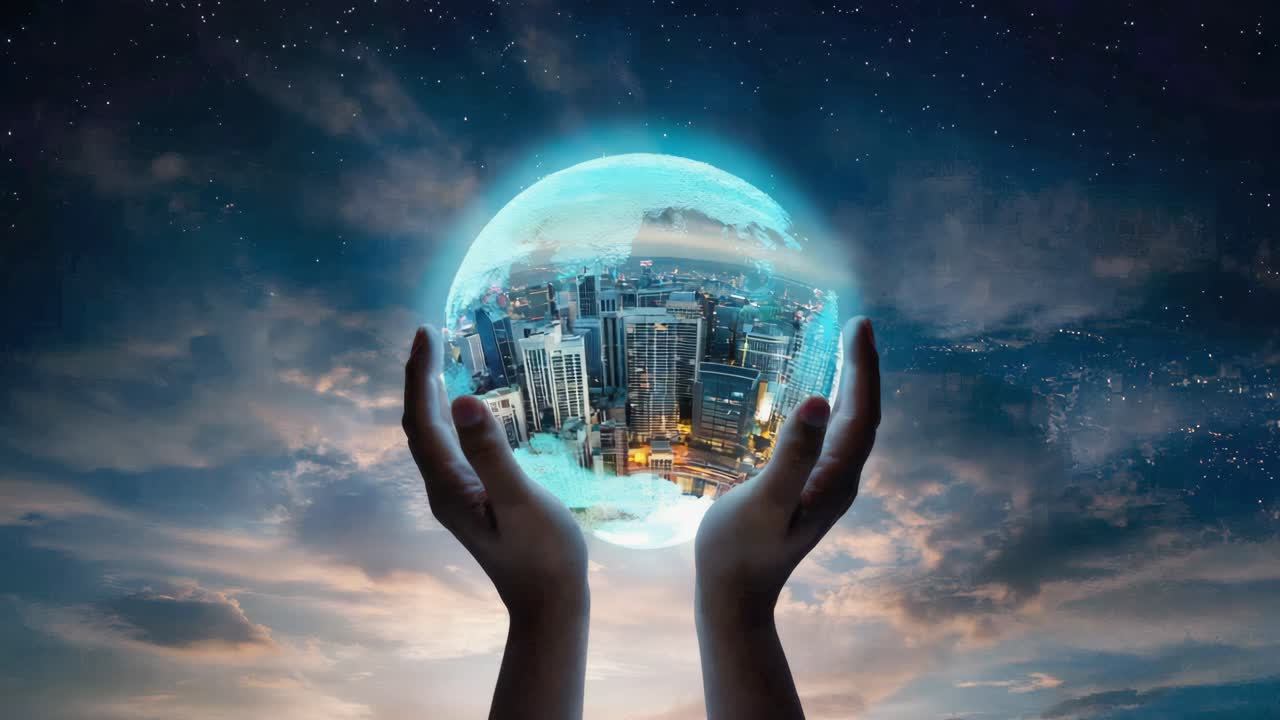 Hands holding a globe with city skyline against a night sky