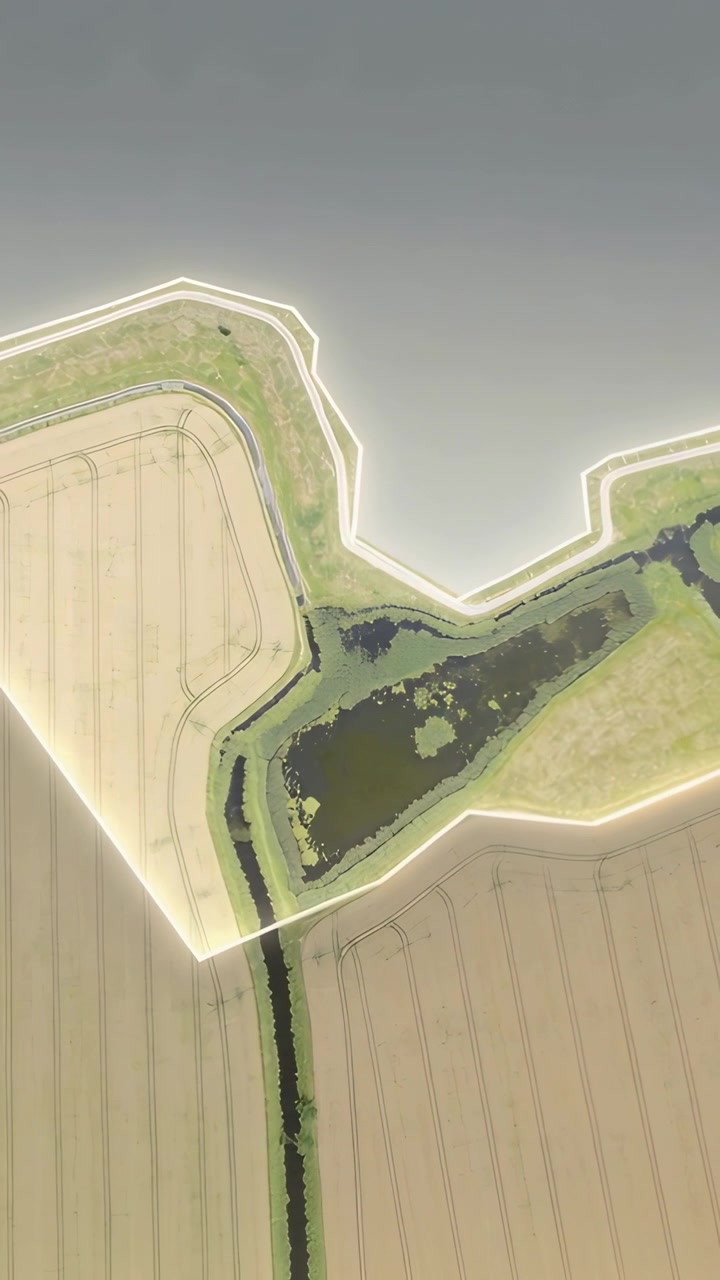 Vertical video: Panning drone showing triangular pond and channel over coastal farm, mapping drains