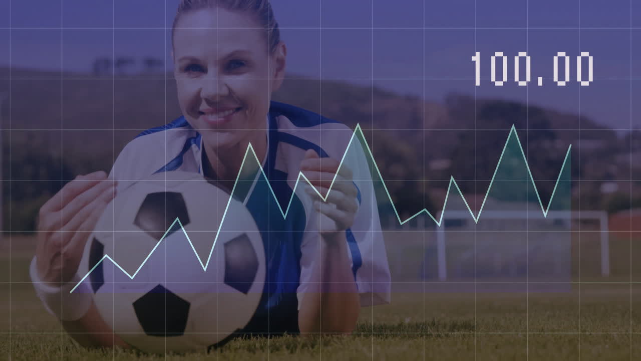 female soccer player lying on grass field, holding soccer ball, showing sports data chart overlay