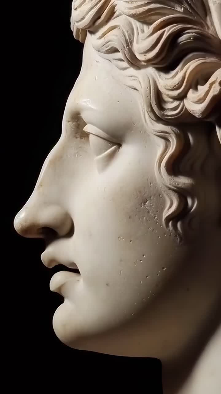 Primo piano di profilo di una statua classica in marmo, ideale per progetti video sulla storia dell'arte