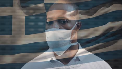 animación de la bandera de grecia ondeando sobre un hombre que usa una máscara facial durante la pandemia de covid-19