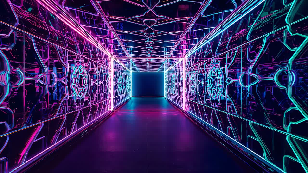 Camera moving forward revealing magenta cyan tunnel with mirrored walls, bringing neon frame closer