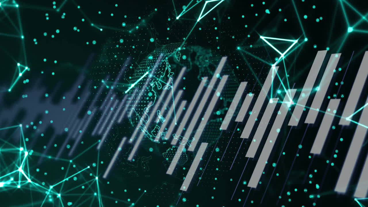 Animation of network of connections and moving columns over globe on black background