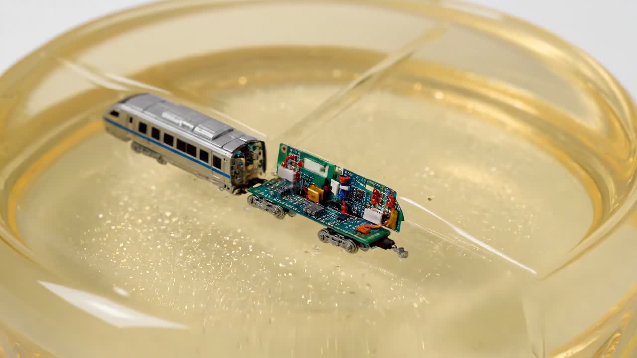 Toy train in gel being cut with a knife