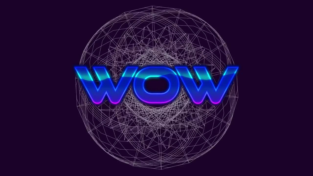 어두운 배경에 움직이는 원 위의 와우 텍스트의 애니메이션 기하학적 모양