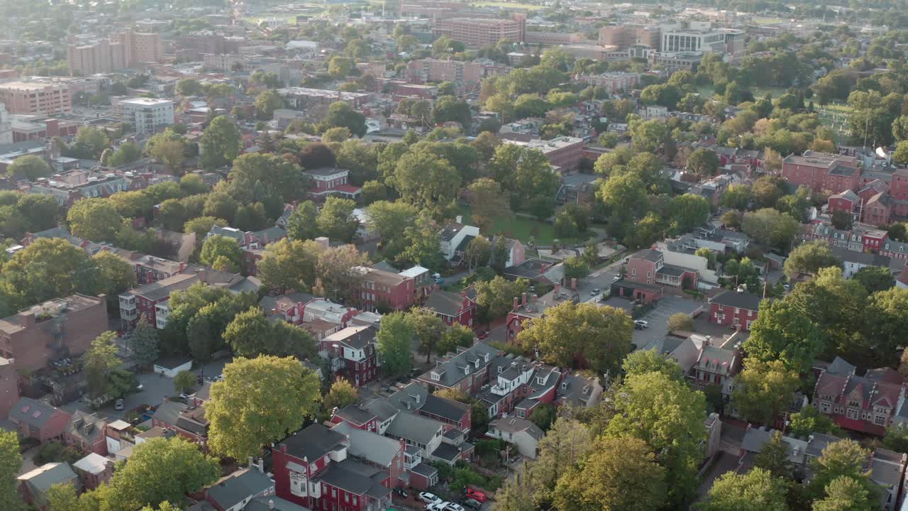 Aerial tilt up reveals urban city in USA