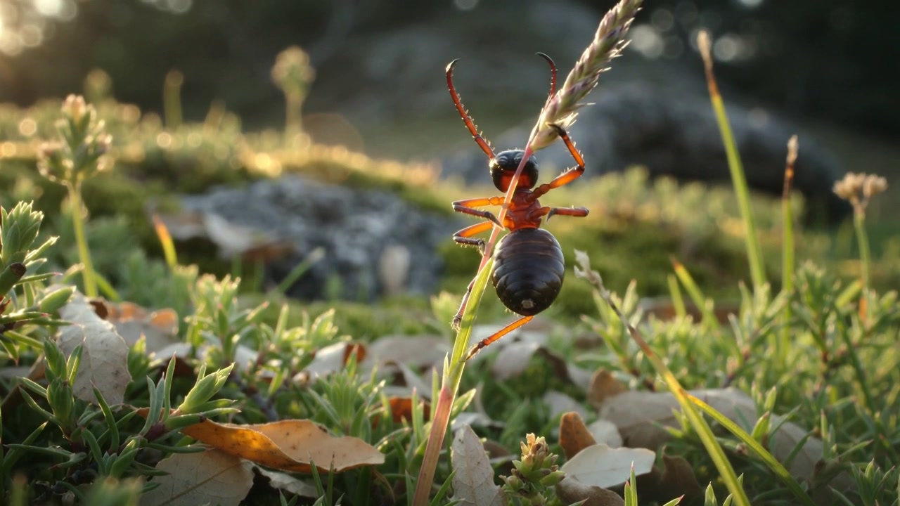 Climbing red-brown insect holding stem on moss and rocks, antennae probing seedhead, backlit by sun