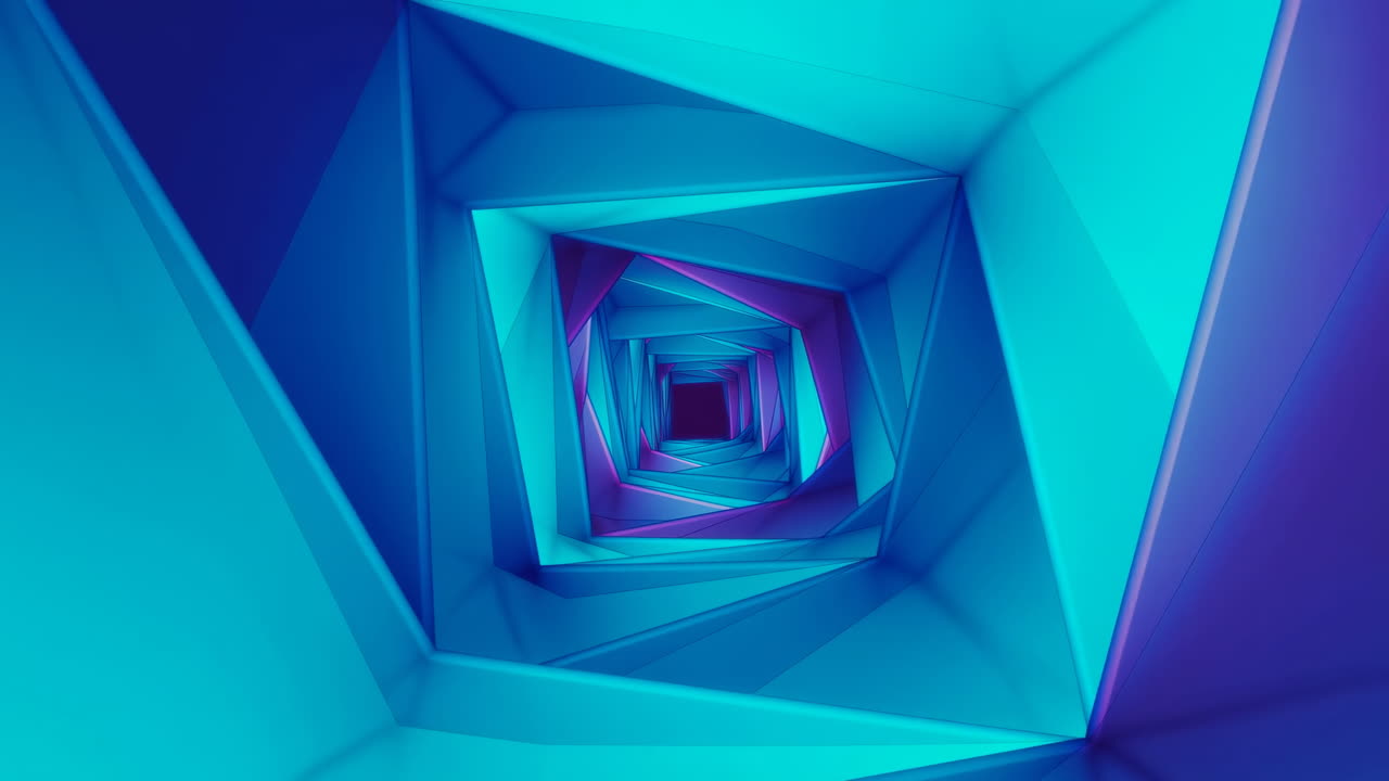 Żywy turkusowy tunel geometryczny, kanciaste ramy, niekończące się spiralne poligony tworzą hipnotyczną głębię, ostre krawędzie.