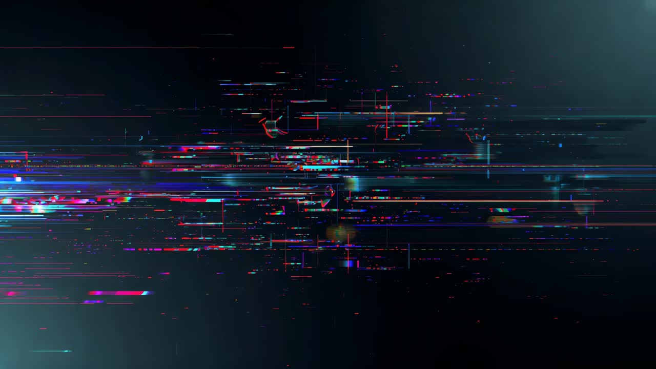 Streaming red blue glitch lines initiating cyan-blue beam sliding across space, cosmic glow